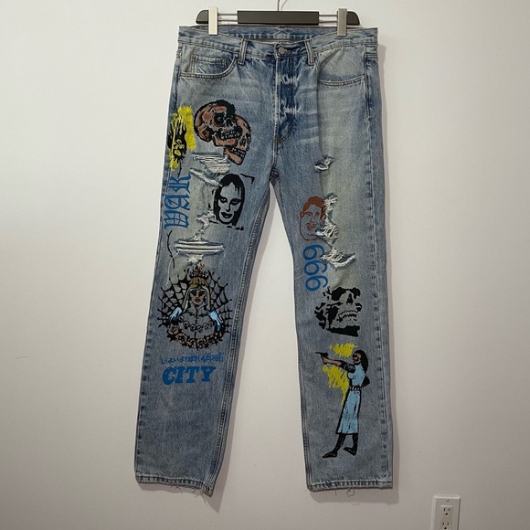 MNML Men's light wash straight leg devil diabolical skull grunge denim jeans 36 - Picture 1 of 11